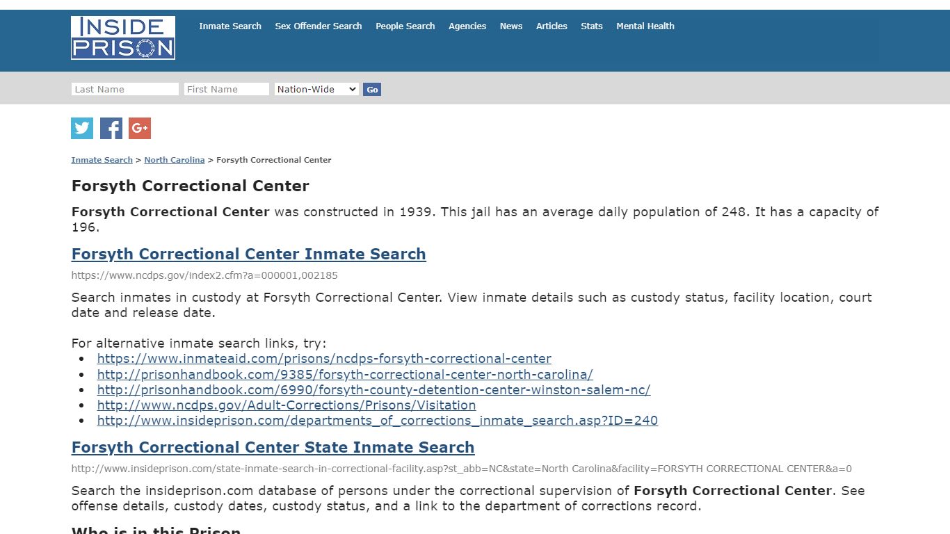 Forsyth Correctional Center - North Carolina - Inmate Search